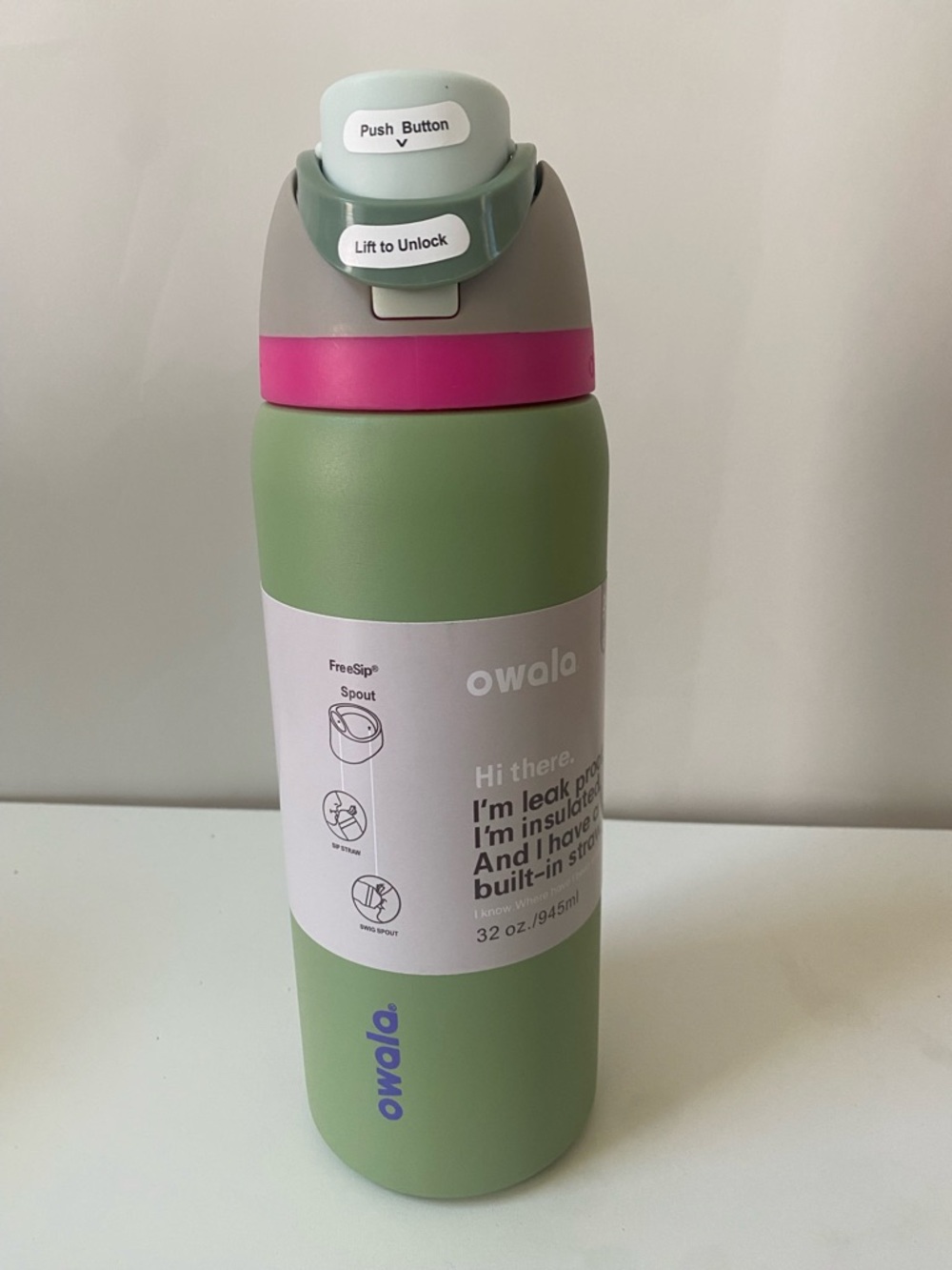 Owla Owala 32oz Insulated Water Bottle - Sage Green with Pink Accent